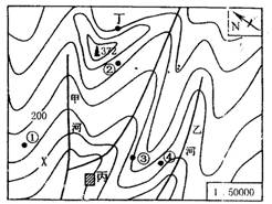 读某地等高线地形图，分析回答以下3-4题。3．图中丁地与丙村的相对高差可能为（   ）A．200m   ...
