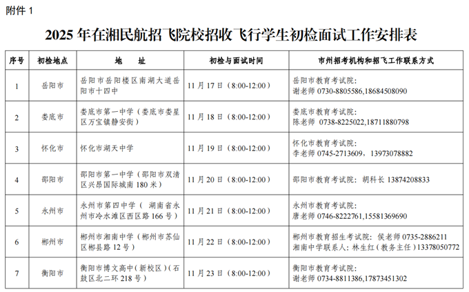 湖南：关于组织2025年民航招飞院校招收飞行学生初检等有关工作的通知