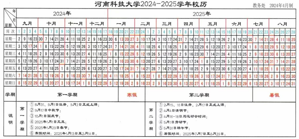 2024-2025年河南科技大学校历